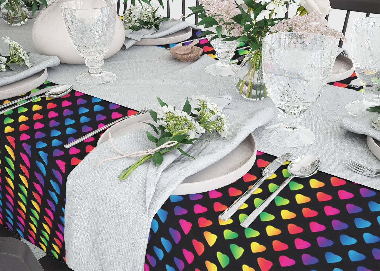 Bright Rainbow Colored Hearts On Pattern Pattern - Rectangle Oblong Linen Tablecloth, 60" x 102" inches Washable Decorative Table Cloth