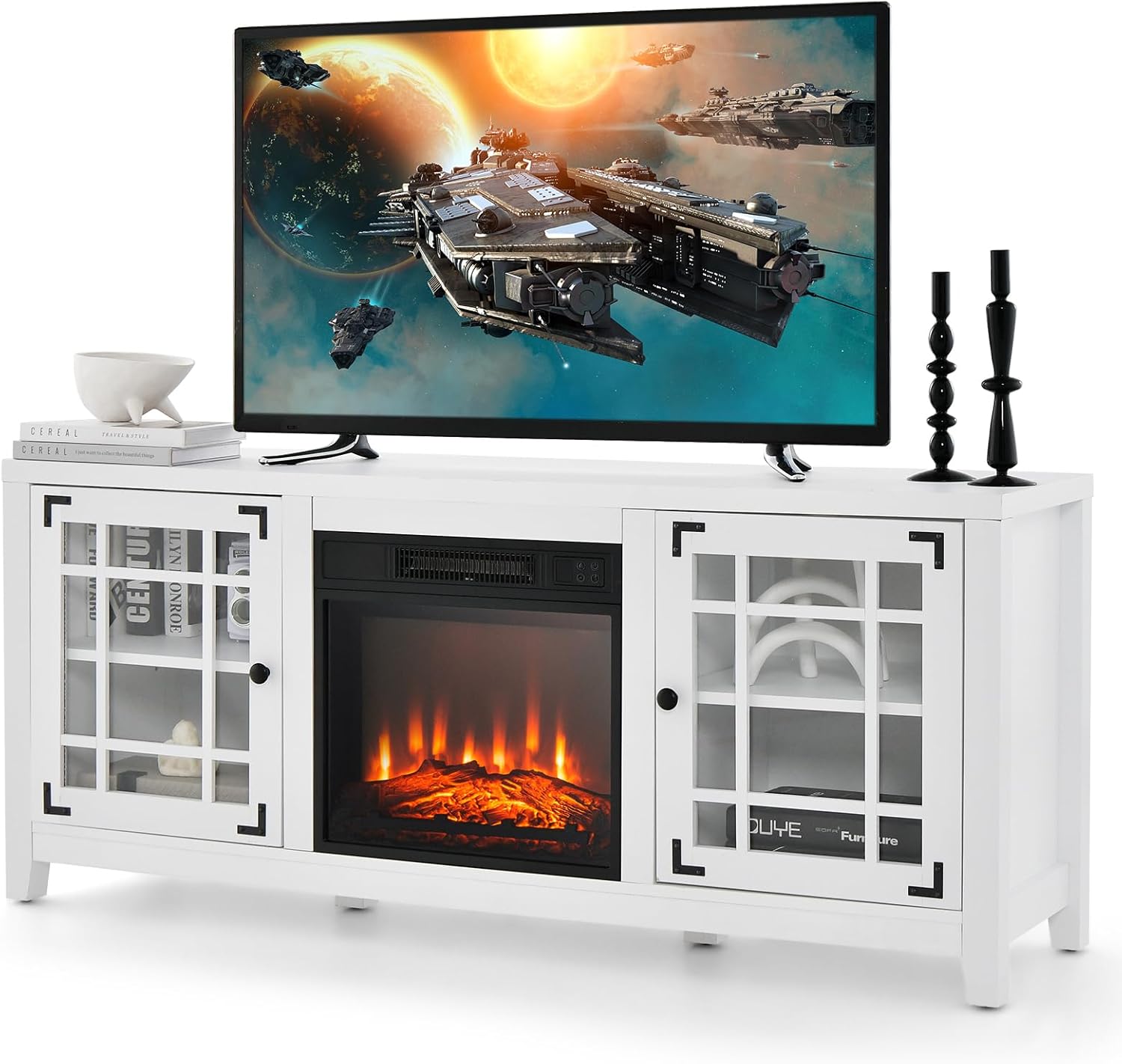 GOFLAME 58" Fireplace TV Stand for TVs up to 65 Inches, Wooden TV Console with 18” Electric Fireplace Insert, Fireplace TV Cabinet, Entertainment Center with Remote Control, Adjustable Shelves, White