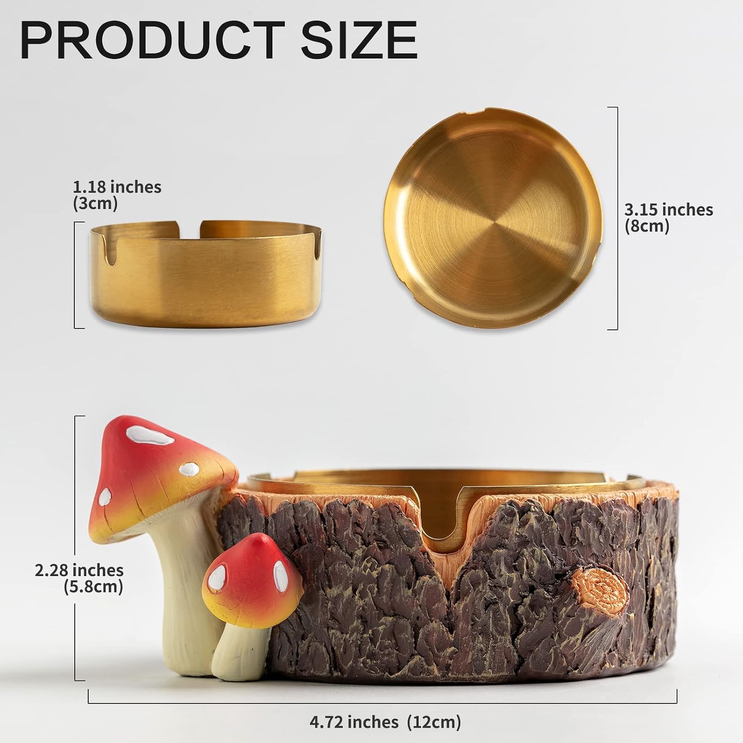 Cute Mushroom Ashtray with Stainless Steel Tray for Cigarette, Natural Resin Ash Tray for Indoor or Outdoor use, Ash Holder for Home and Garden Decor
