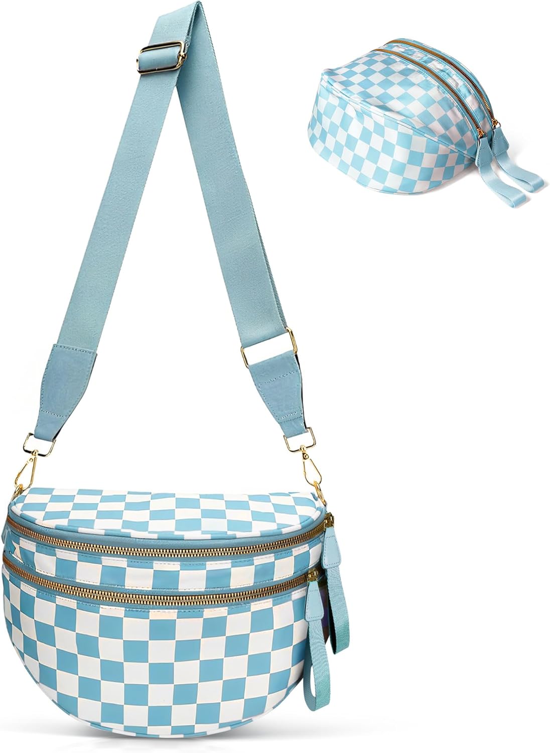 Checkered Crossbody Bag Bum Bags for Women, Spacious Nylon Fanny Packs Belt Wallet (ice blue)