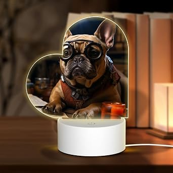 3D Night Light LED Light Lamp Base Personalized Gifts Acrylic Night Light French Bulldog Is Reading a Book Night Light Acrylic Plaque USB 3 Colors Change Smart Touch Table Lamp for Bedroom Heart Shape