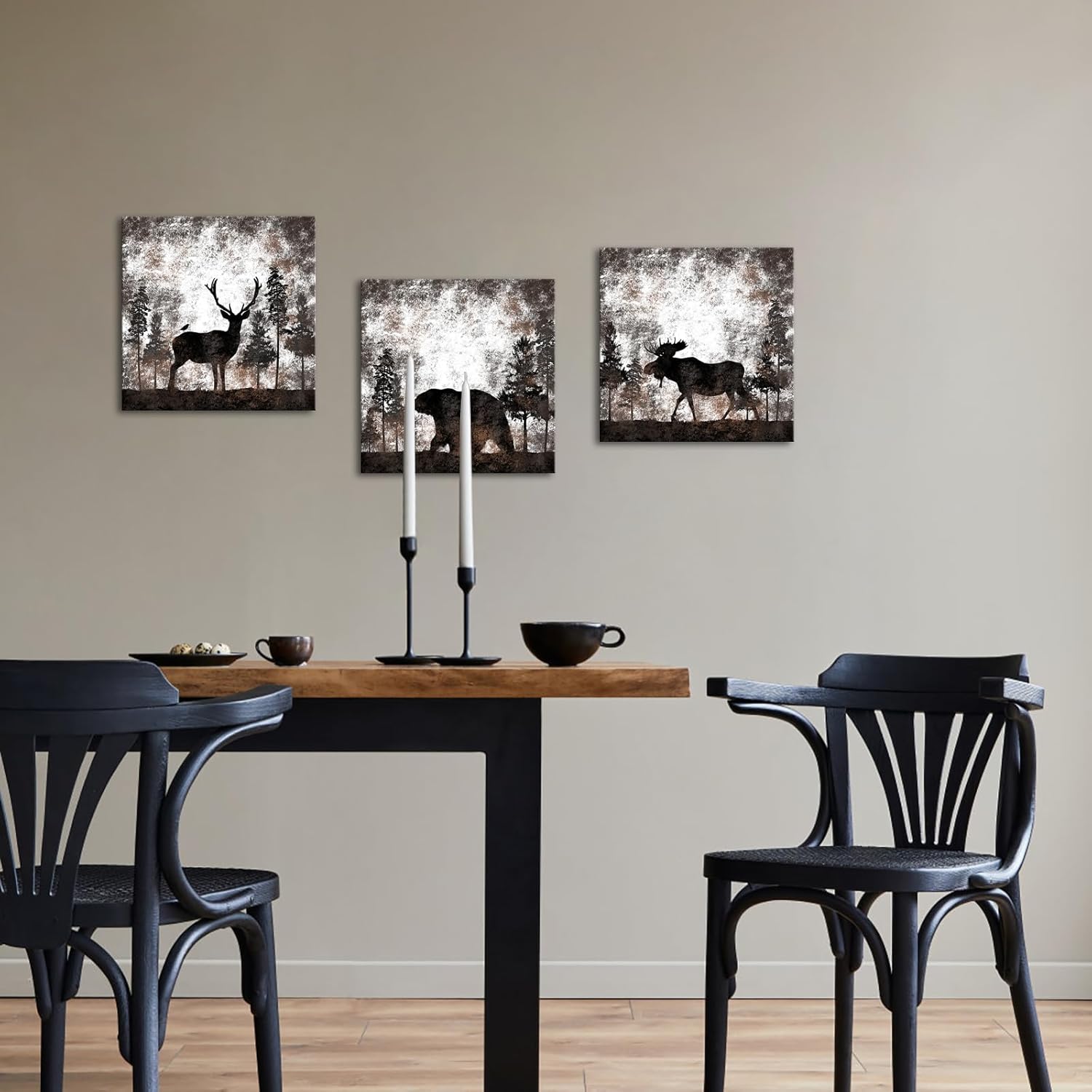 HOMEOART Bear Elk Moose Canvas Wall Art Animal in Forest Rustic Decor Picture Framed Canvas Print Farmhouse Cabin Lodge Home Wall Decor 12"x12"x3 Pieces