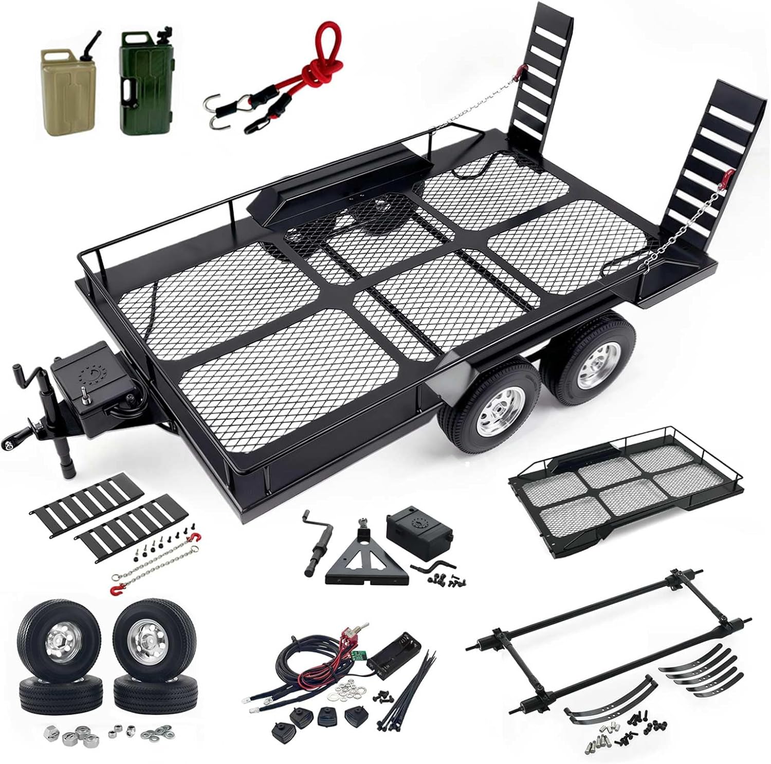 Metal Dual Axle RC Trailer Builder Kit for 1/10 RC Crawler Trucks, Steel Frame Utility Trailer with Ramps and Hitch Mount