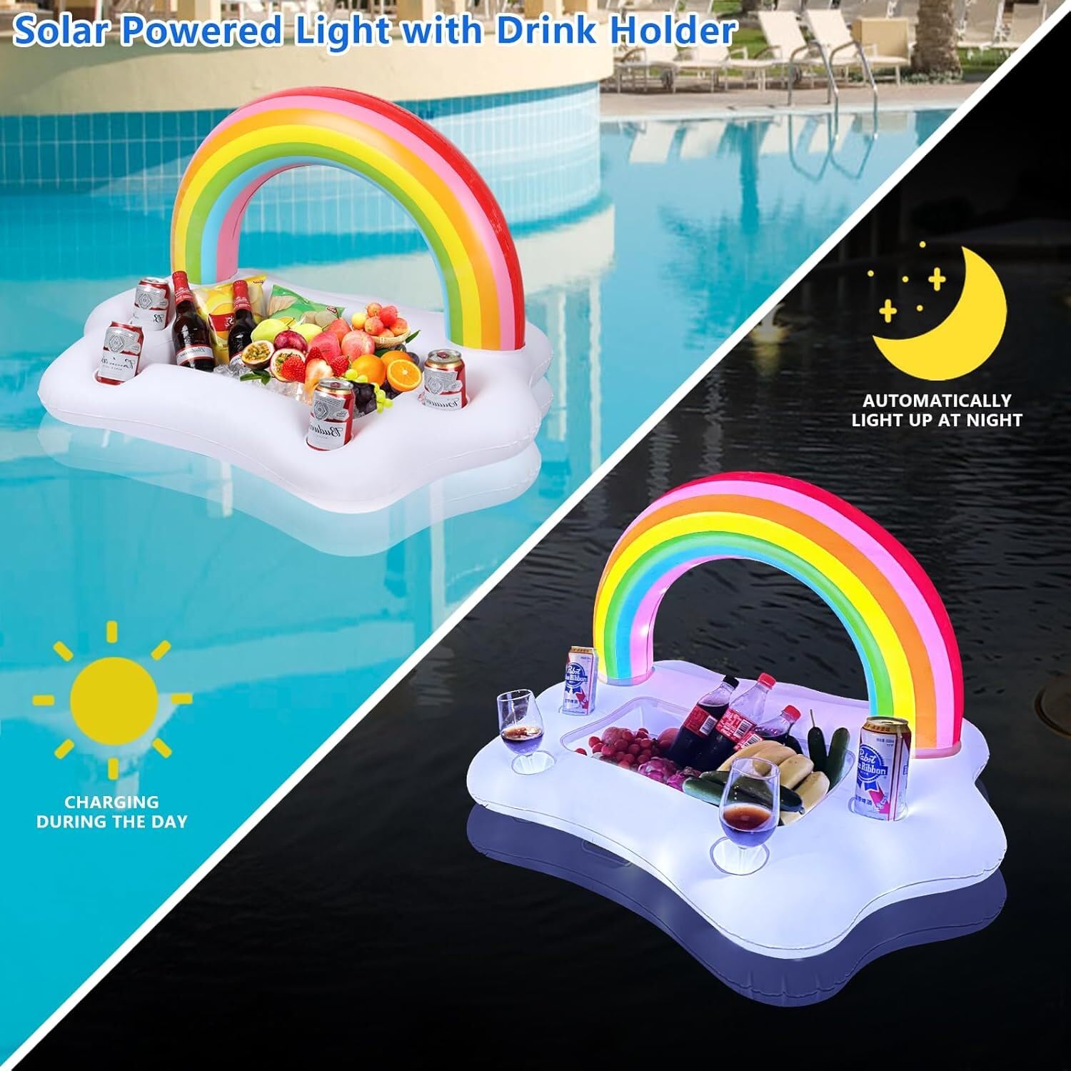 Aufblasbarer Regenbogen-Wolken-Getränkehalter mit Lichtern, solarbetriebene schwimmende Pool-Servierbar