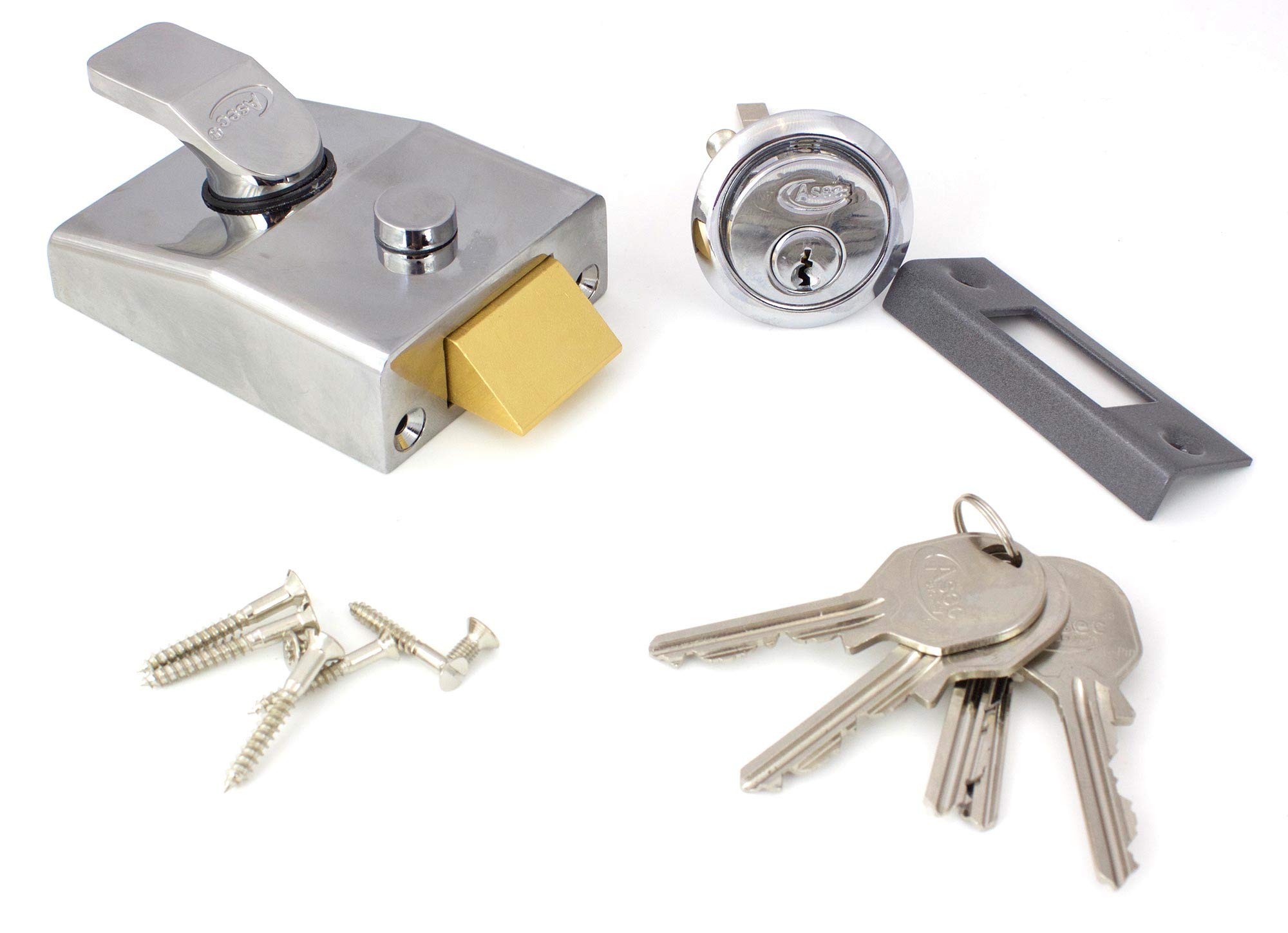 Asec-Rev Chrome Outward Opening Nightlatch - Case And Cylinder - Dark Metallic Grey Strike Plate - 5 X Keys Supplied