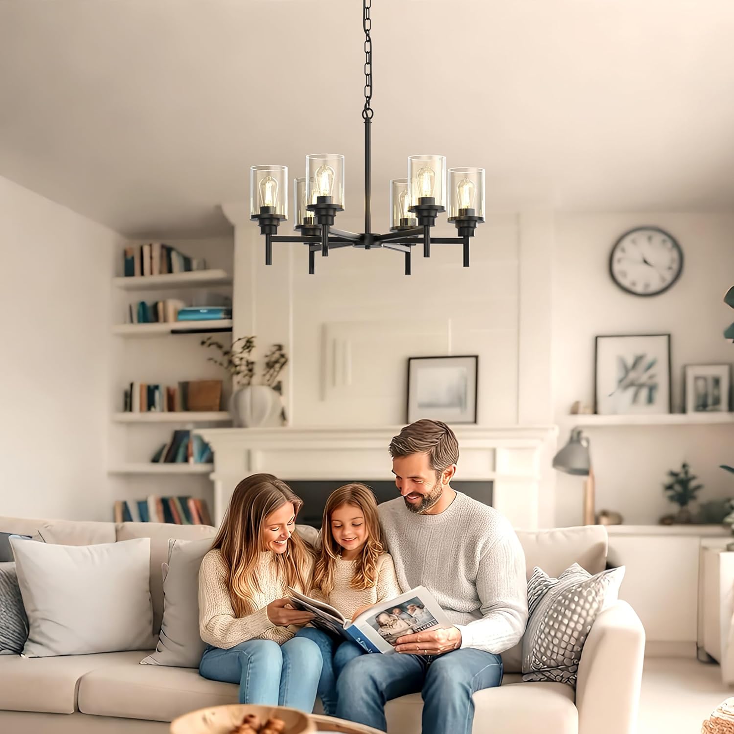 DORESshop 6-Light Black Farmhouse Chandeliers for Dining Room, Adjustable Height Modern Farmhouse Chandelier with Clear Glass Shade for Living Room, Bedroom, Kitchen Island and Foyer Entryway