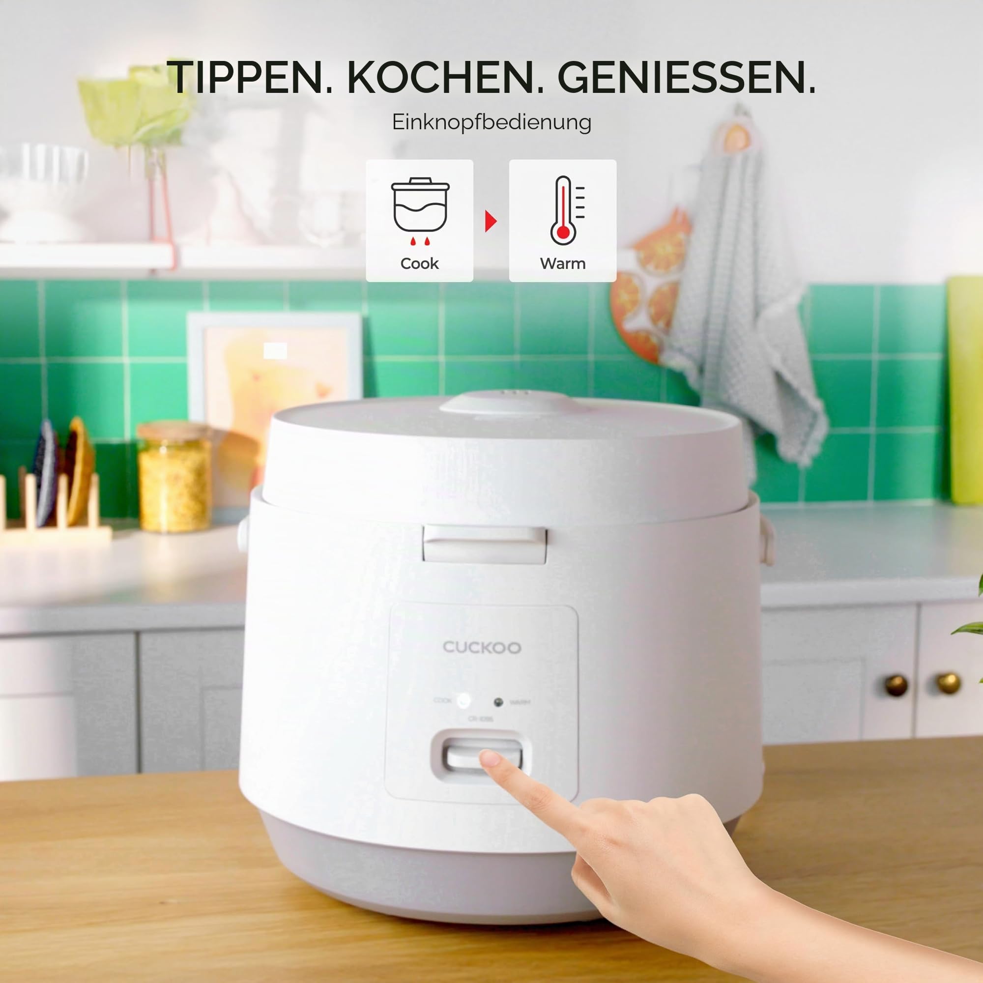 CUCKOO CR-1095 10 Tassen (ungekocht) / 20 Tassen (gekocht) Basic Reiskocher und Wärmer mit antihaftbeschichtetem Innentopf, Schalterpresse (weiß)