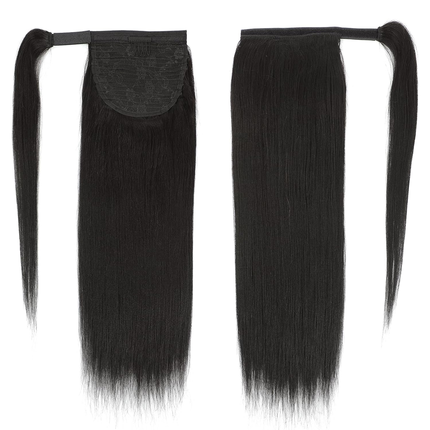 100% Real Human Hair Ponytail for Women Remy Wrap Around Long Yaki Straight Ponytail Human Hair Extensions Natural Black Color Magic Tape Afro Yaki Straight Pony Tail Extension (20 Inch)