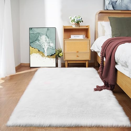 Miniatura 103 de Goolela Alfombra de piel sintética blanca de 2 x 6 pies, alfombra rectangular de piel de oveja sintética para dormitorio, mullida y mullida Blanco