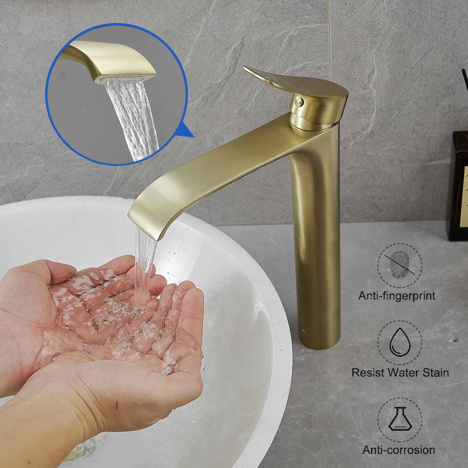 Bathroom Sink Tap Tall Basin Mixer Tap Gold Brushed Mono Waterfall Lavatory Vessel Sink Mixer Tap Single Lever - Image 3