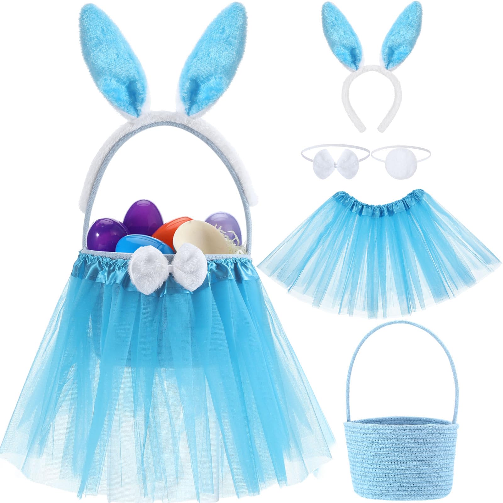 Photo 1 of Shyyween Tutu Easter Baskets Easter Costume Ruffled Tulle Fluffy Ears and Bunny Headband Bow Tie Tail Party Favors Gift for DIY Egg Playset Decorations(Blue)