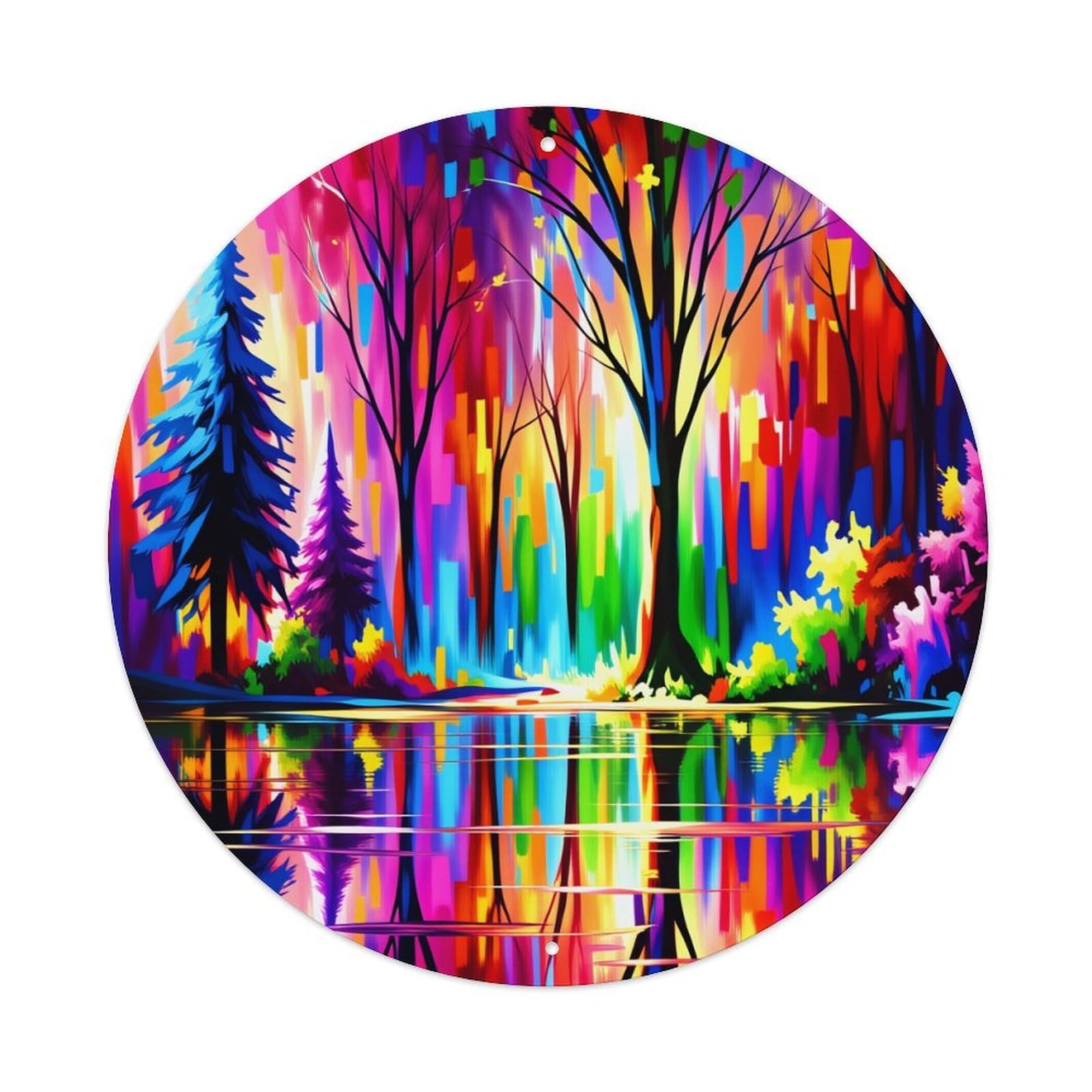 Colorful Forest Reflection Art Print Round Tin Sign Vintage Style Metal Sign Home Bar Garden Wall Plaque Decor Metal Poster 8x8 Inch