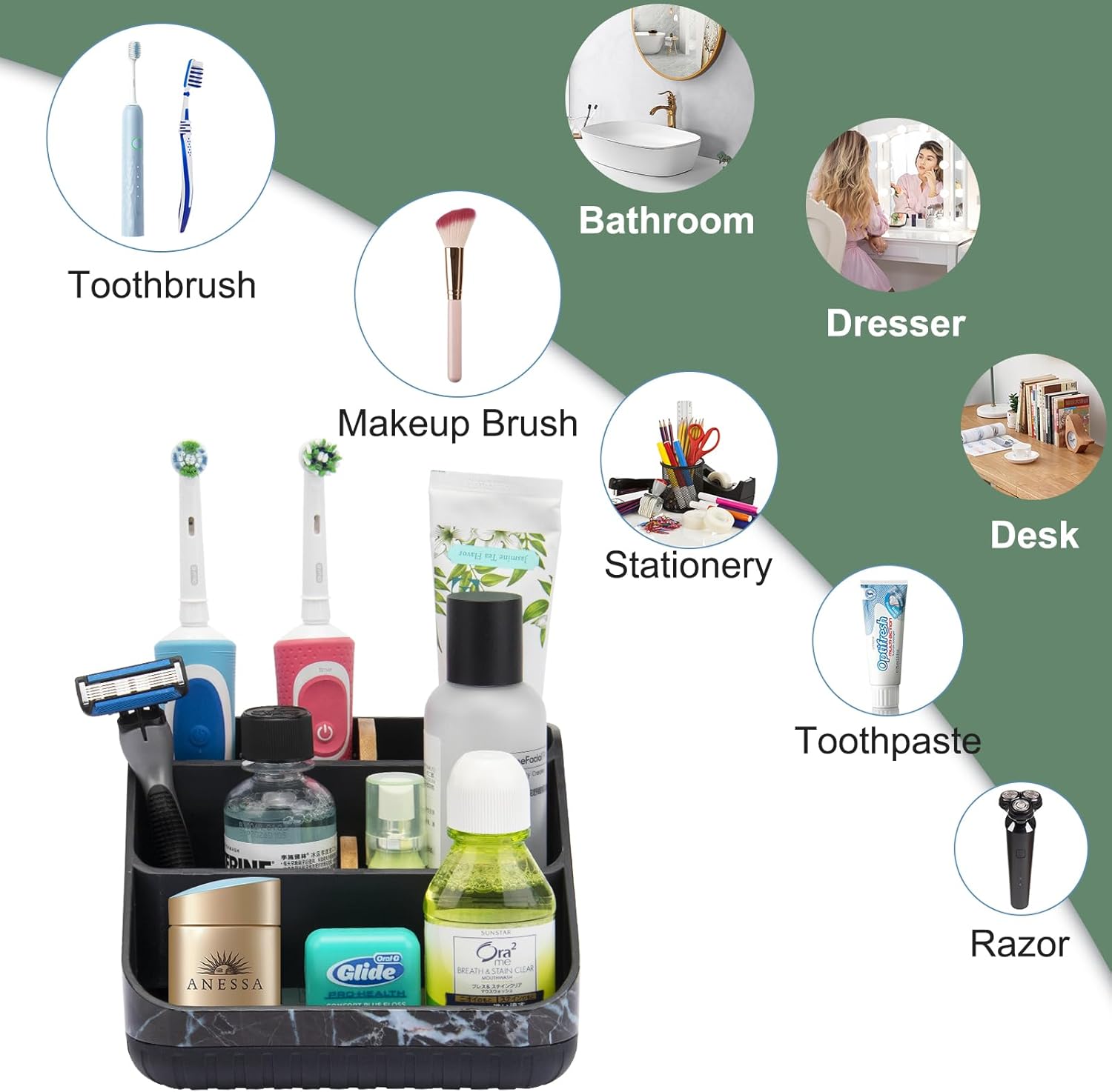 Bundle-2 Items: Bathrooms Countertop Organizer, Toothbrush and Toothpaste Holder, Marble