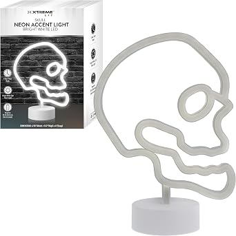 Xtreme Skull Neon Sign, White LED Skull Tabletop Sign with Holder Base, Battery Powered, 4 Hour Timer, Desktop Decor for Boys, Night Light for Boys Room, Christmas or Birthday Gift for Boys