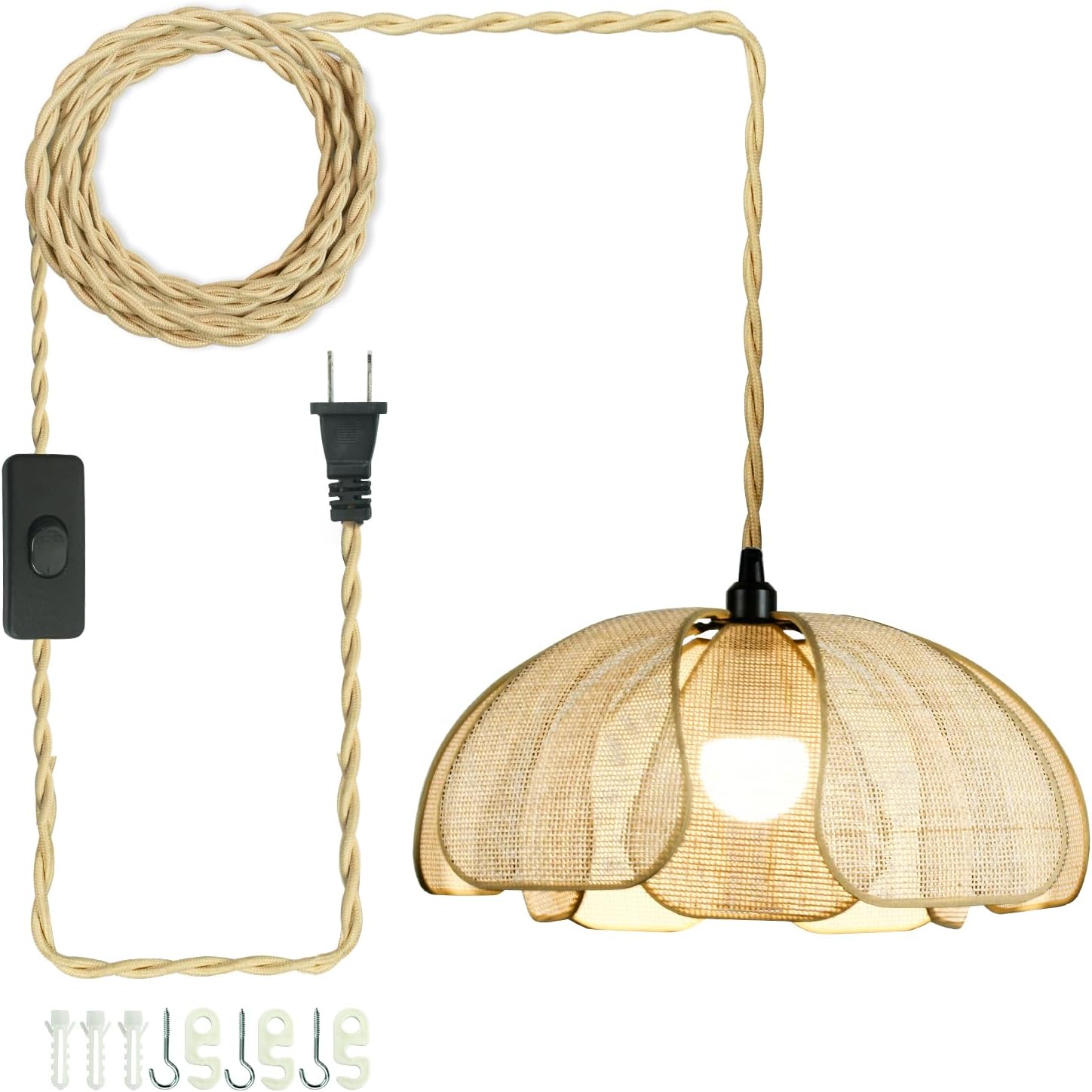 Plug in Rattan Pendant Light, Japanese Wabi sabi Style Lighting Fixture, 16.7ft Plug in Wire with a Switch. Boho-Style Lighting with a Floral lampshade, Bedroom, Dining Room, and Living Room