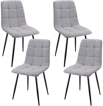 Pack de 4 Sillas de Comedor, Sillas Tapizadas con Tela de Lino y Patas de Metal Negro, Diseño a Cuadros, Sillas de Comedor para Comedor Sala de Estar Dormitorio Cocina Salón Recepción, Gris