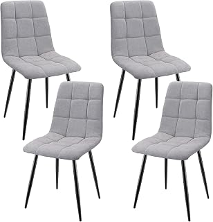 Pack de 4 Sillas de Comedor, Sillas Tapizadas con Tela de Lino y Patas de Metal Negro, Diseño a Cuadros, Sillas de Comedor para Comedor Sala de Estar Dormitorio Cocina Salón Recepción, Gris