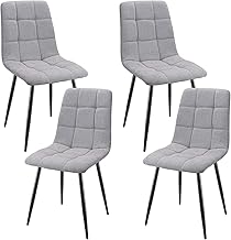 Set of 4 Dining Chairs, Upholstered Chairs with Linen Fabric and Black Metal Legs Checkered Design for Dining Room, Living Room, Bedroom, Kitchen, Living Room, Reception, Grey