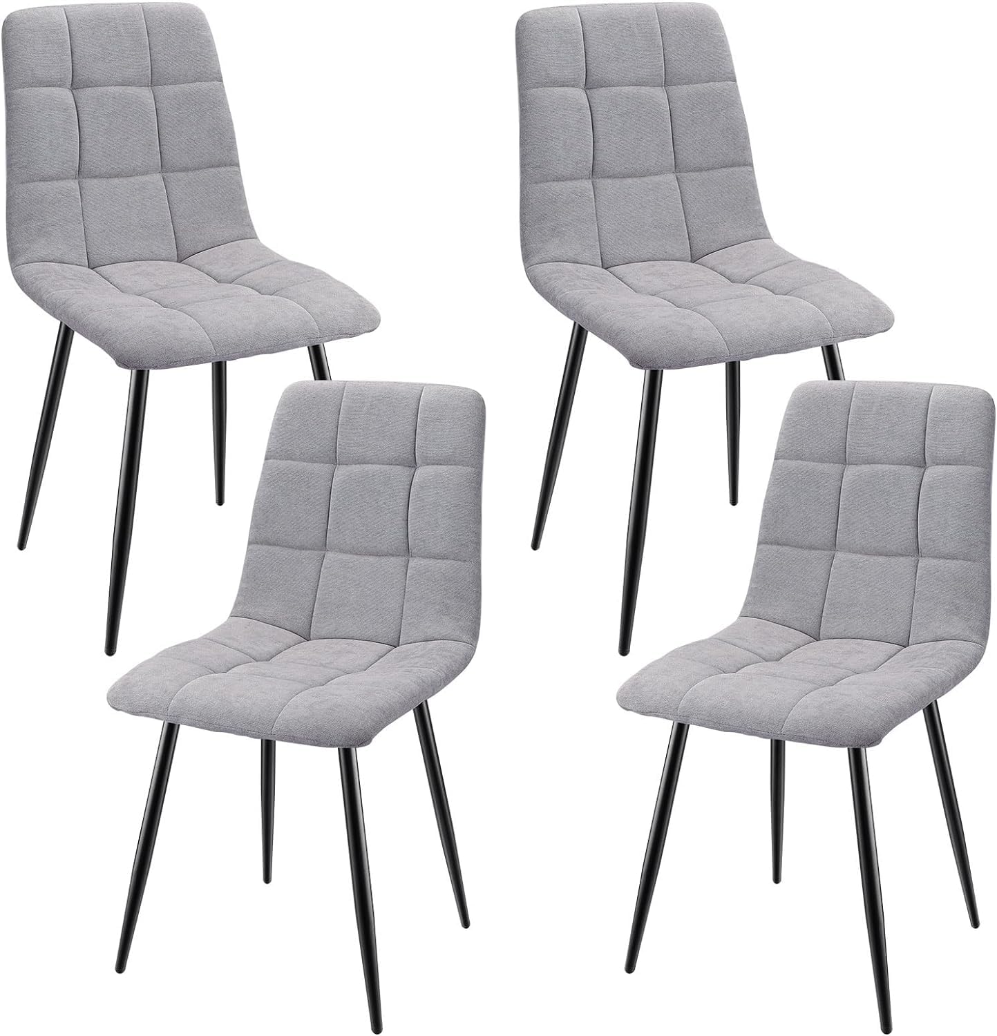 Pack de 4 Sillas de Comedor, Sillas Tapizadas con Tela de Lino y Patas de Metal Negro, Diseño a Cuadros, Sillas de Comedor para Comedor Sala de Estar Dormitorio Cocina Salón Recepción, Gris