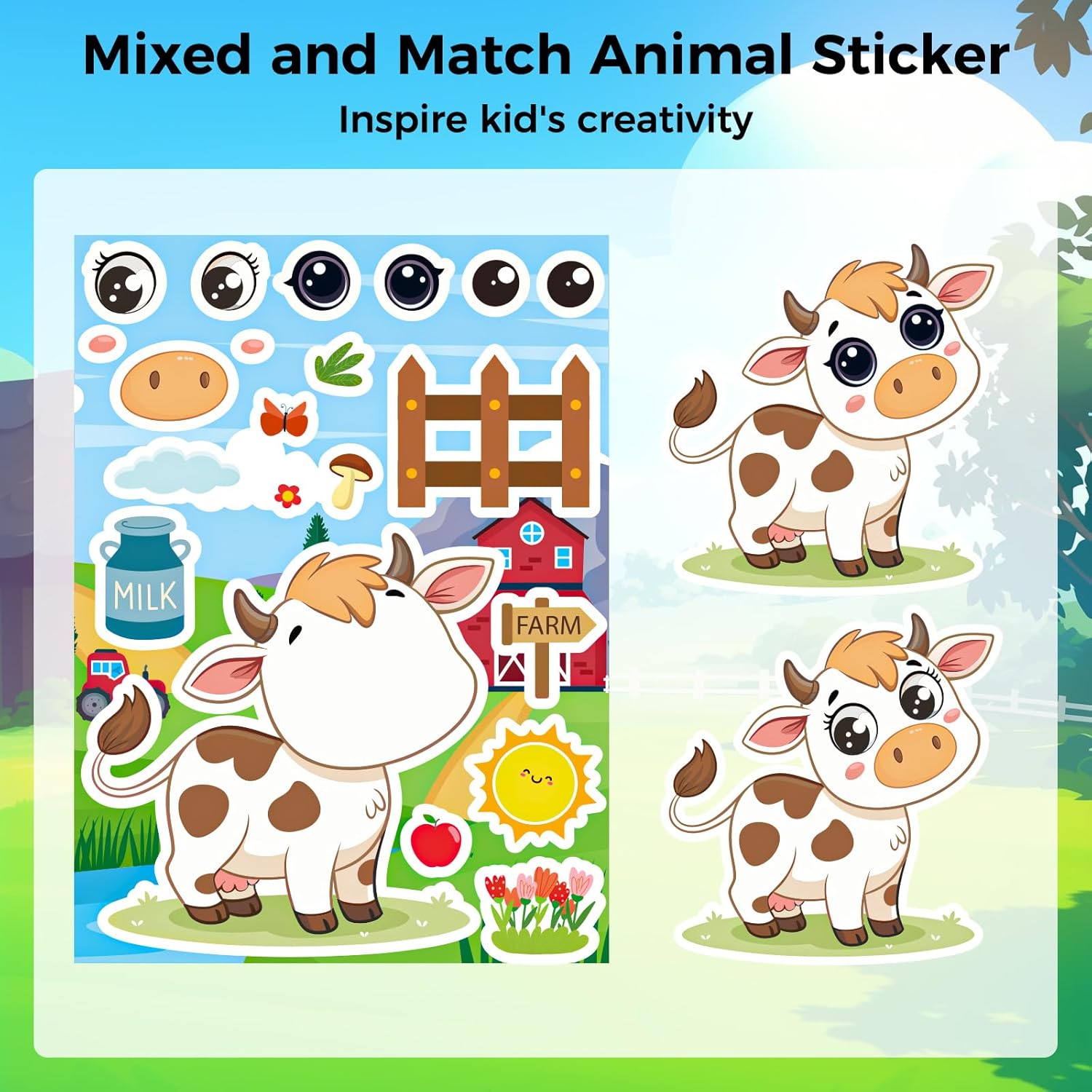 36 Sheets Farm Animal Stickers, Make Your Own Faces Stickers for Kids, Mixed and Match Animal Sticker for Farm Decorations Animals Party Classroom Craft DIY Projects, 9 Designs
