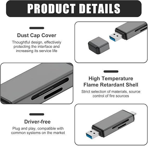 SD Card Reader, USB C & USB 3.0 Memory Card Reader Adapter Supports SD/Micro SD/SDHC/SDXC/MMC, Compact Plug & Play Card Reader for Smartphones, Tablets, Laptops and Cameras