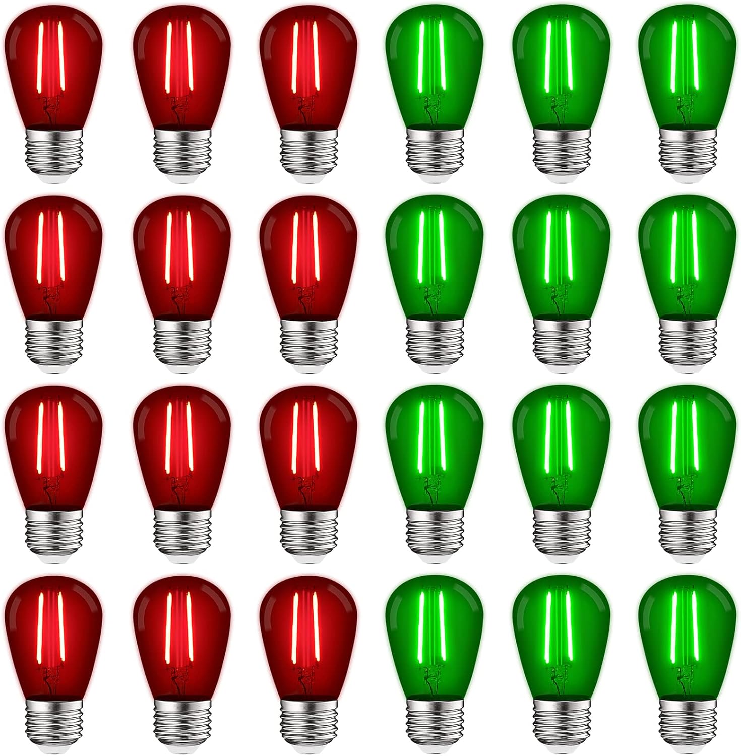 LUXRITE 24-Pack S14 Christmas LED Red and Green Light Bulbs, 0.5W, Colored LED Bulbs for Outdoor String Lights, UL Listed, E26 Base, Indoor Outdoor, Party, Holiday, String Light Replacement Bulbs