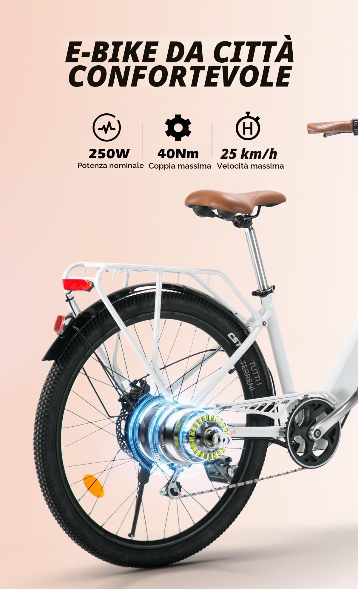 bici elettrica donna 26 pollici bicicletta elettrica donna batteria 36V autonomia 80km bici elettrica pedalata assistita cambio 7 velocità freni a disco (Bianco)