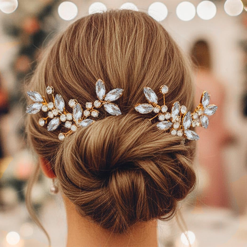 Casdre Crystal Bride Wedding Hair Pins Rhinestone Bridal Hair Pieces Wedding Hair Accessories for Women and Girls (Pack of 2) (B Gold) - Image 2