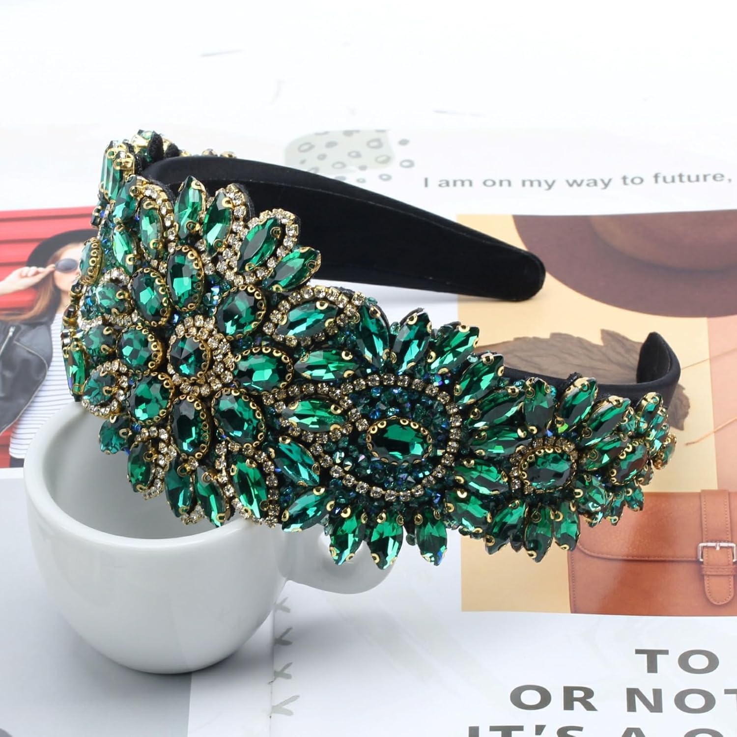 Baroque Crystal Flower Headband for Women Big Wide Chunky Rhinestone Bead Hairband Hairwear Jeweled Head Accessories (H1065-green) - Image 3
