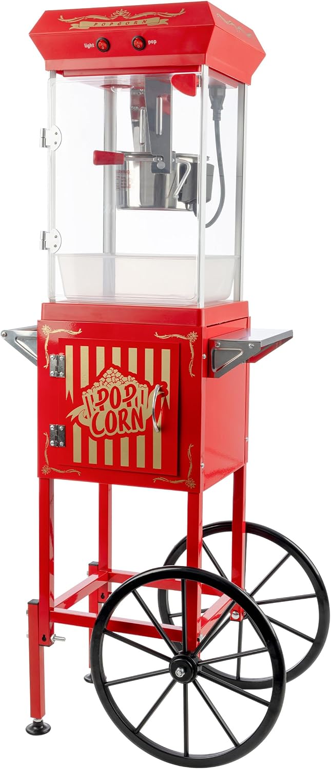 Popcorn Machine with Cart and 6 oz Stainless Steel Kettle - Vintage Style Retro Popcorn Maker Machine on Wheels with Cabinet for Home Movie Room, Parties, and Events by Great Northern Popcorn (Red)