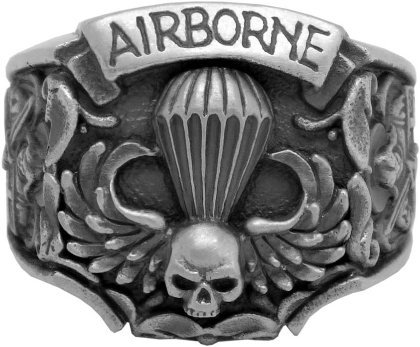 Airborne St Michael US Army Parachutist Jump Wing Skull Biker Sterling Silver 925 Mens Ring