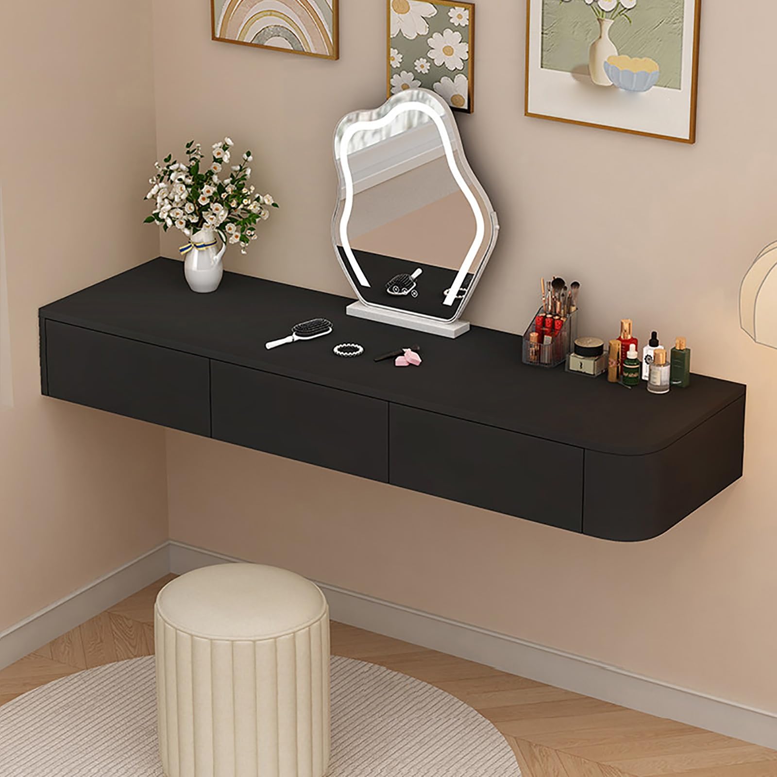 Schwebender Schminktisch Mit Schubladen Zur Wandmontage Schminktische | Schminktisch Für Kleine Schlafzimmer, Make-up-Ablage Mit Abgerundeten Ecken(Black2,140cm/55.1in)