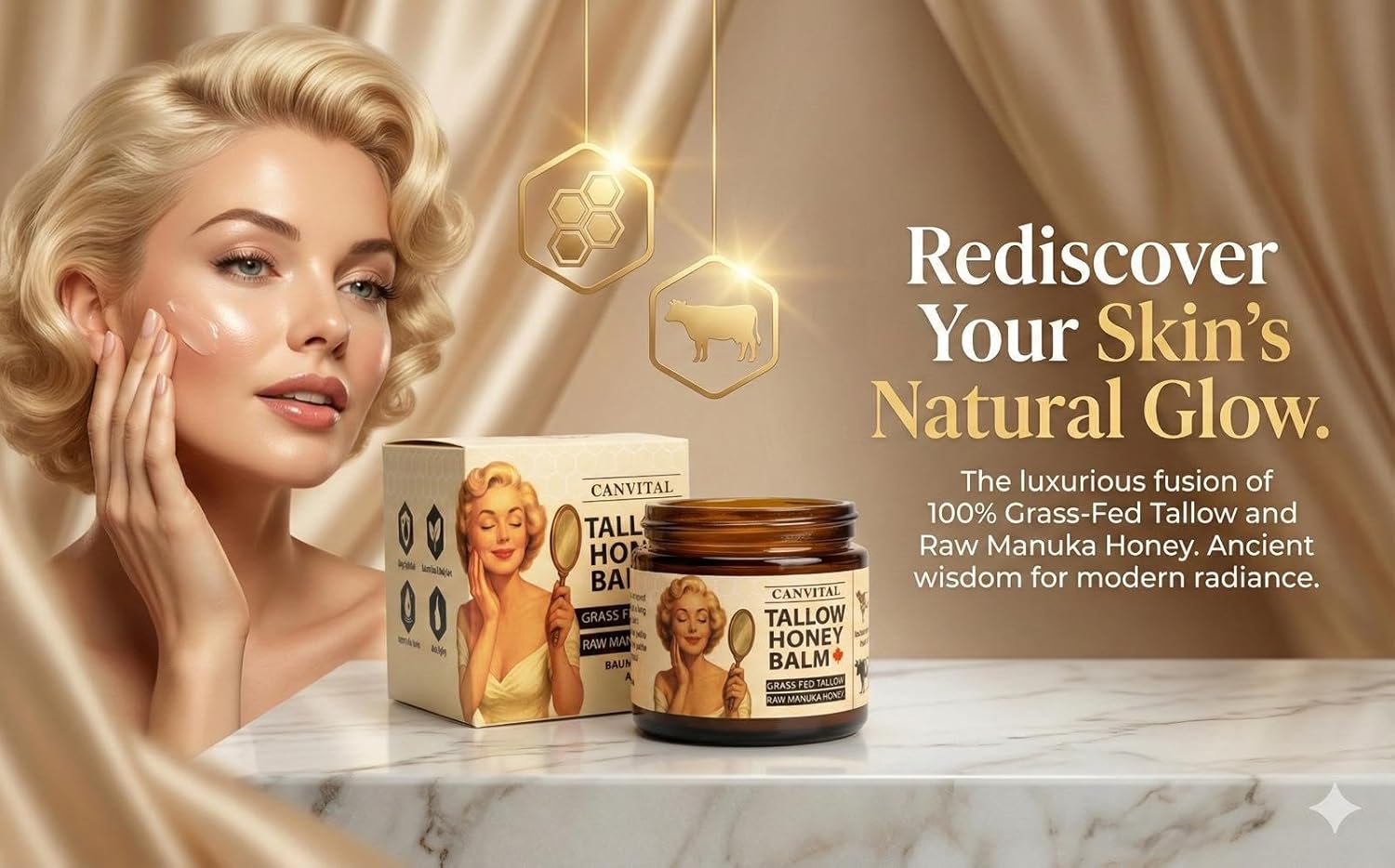 Natural Beef Tallow Balm (100% Grass-Fed) – Deep Hydrating Unscented Moisturizer | Honey, Beeswax & Olive Oil | For Dry & Sensitive Skin | Face & Body Anti-Aging Cream | Rich in Vitamins A, D, E, K