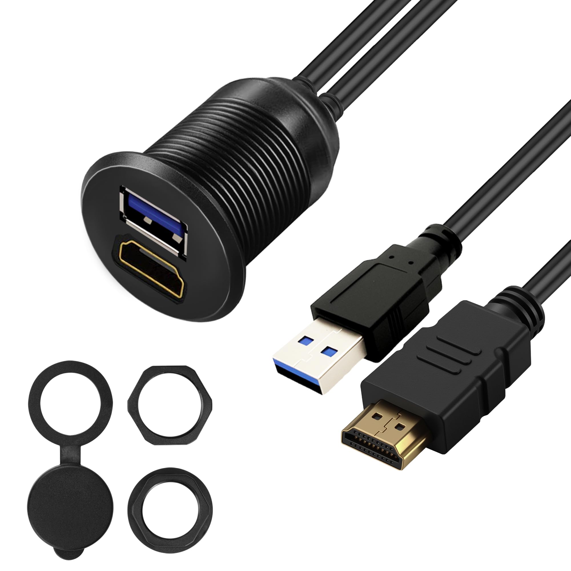 QINJOOELC USB 3.0 & HDMI Car Mount Flush Cable, Male to Female, 5Gbps USB AUX Dashboard Panel Mount Waterproof Extension Cord for Car Truck Boat Motorcycle 1M/3.3Ft