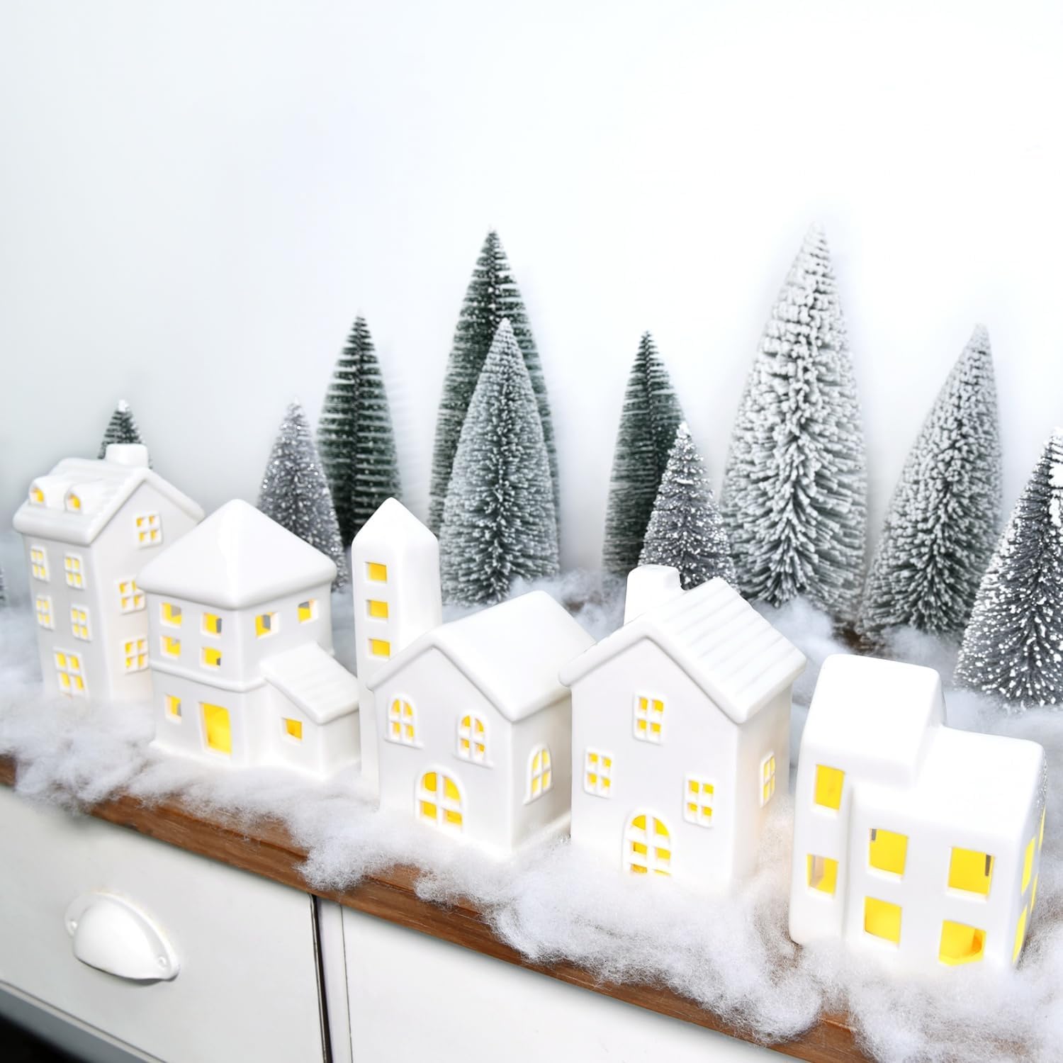 Ceramic Christmas Village Houses 5 Pcs White & 9 Pcs Trees & Fake Snow Farmhouse Decorations Indoor for Home Table Mantle Fireplace