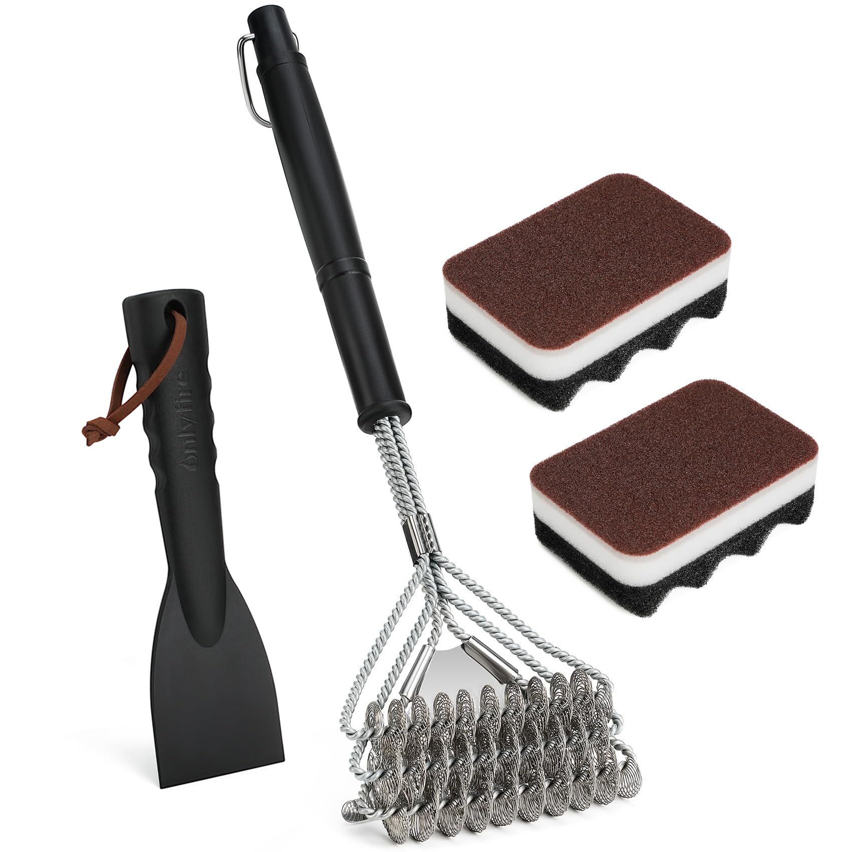 Onlyfire Professional 3 Pcs BBQ Cleaning Kit, Includes 45cm Long Handle 3-in-1 Grill Brush & Scraper, Heavy Duty Plastic Scraper & Cleaning Sponges for Grill & Oven