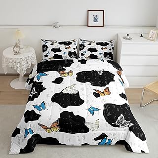 Cute Butterfly ComforterÂ Set Kawaii Decor,Black White Cartoon Milk Cow Print Bedding Set King for Women Girls,Farmhouse Animal Cowhide Wildlife Skin Down Comforter,Colorful Butterflies Duvet Insert
