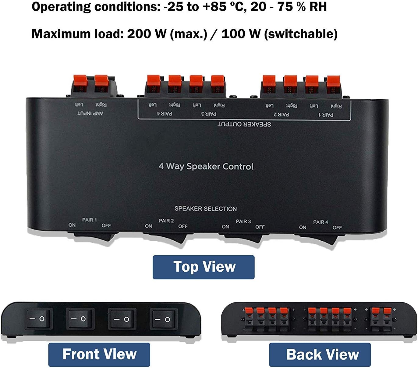 A ADWITS 4-Channel Speaker Switcher Selector Box with Terminal Claps 200W RMS Max 100W Switchable, Black