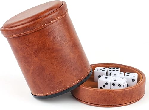 Taza de dados de piel sintética marrón con tapa, taza de terciopelo interior silenciosa con 6 dados para juegos de dados mentirosos, FarkleYahtzee,