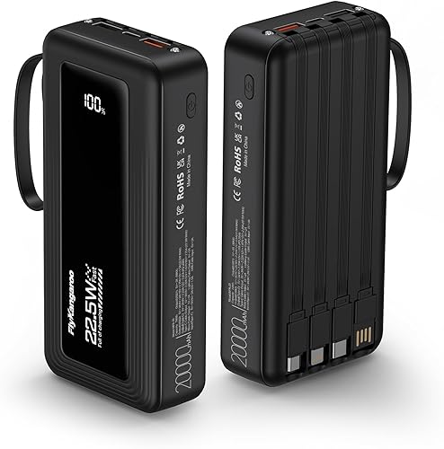 Cargador portátil con cables incorporados, delgado 20000mAh carga rápida 22.5W banco de energía USB C pantalla LED paquete de batería 6 salidas y 2