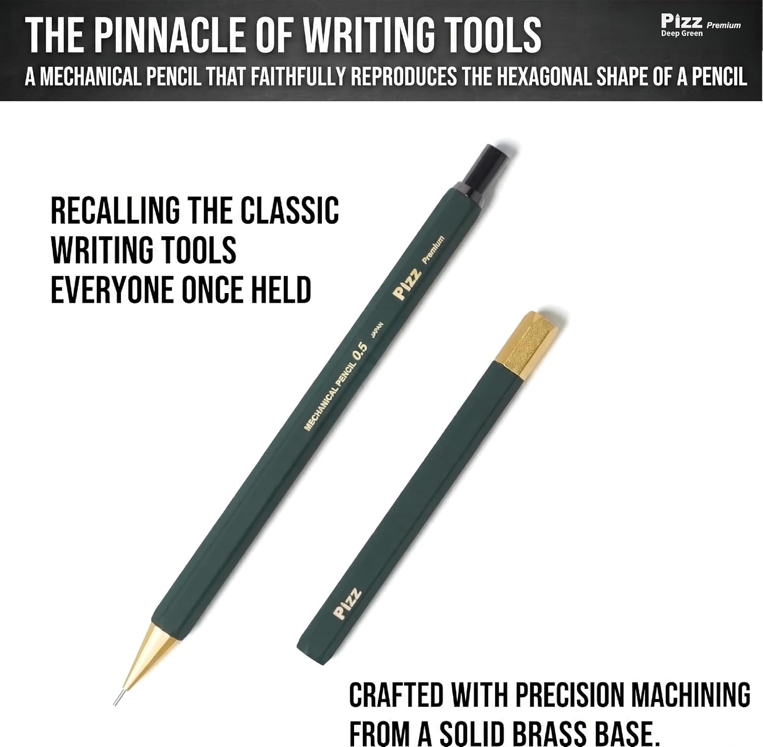 Pizz Premium Hexagonal Brass Mechanical Pencil Set with Matching Lead Case, 0.5mm Slim Pencil-Style Drafting Pencil, Gift Box Included, Made in Japan - Deep Green image 2