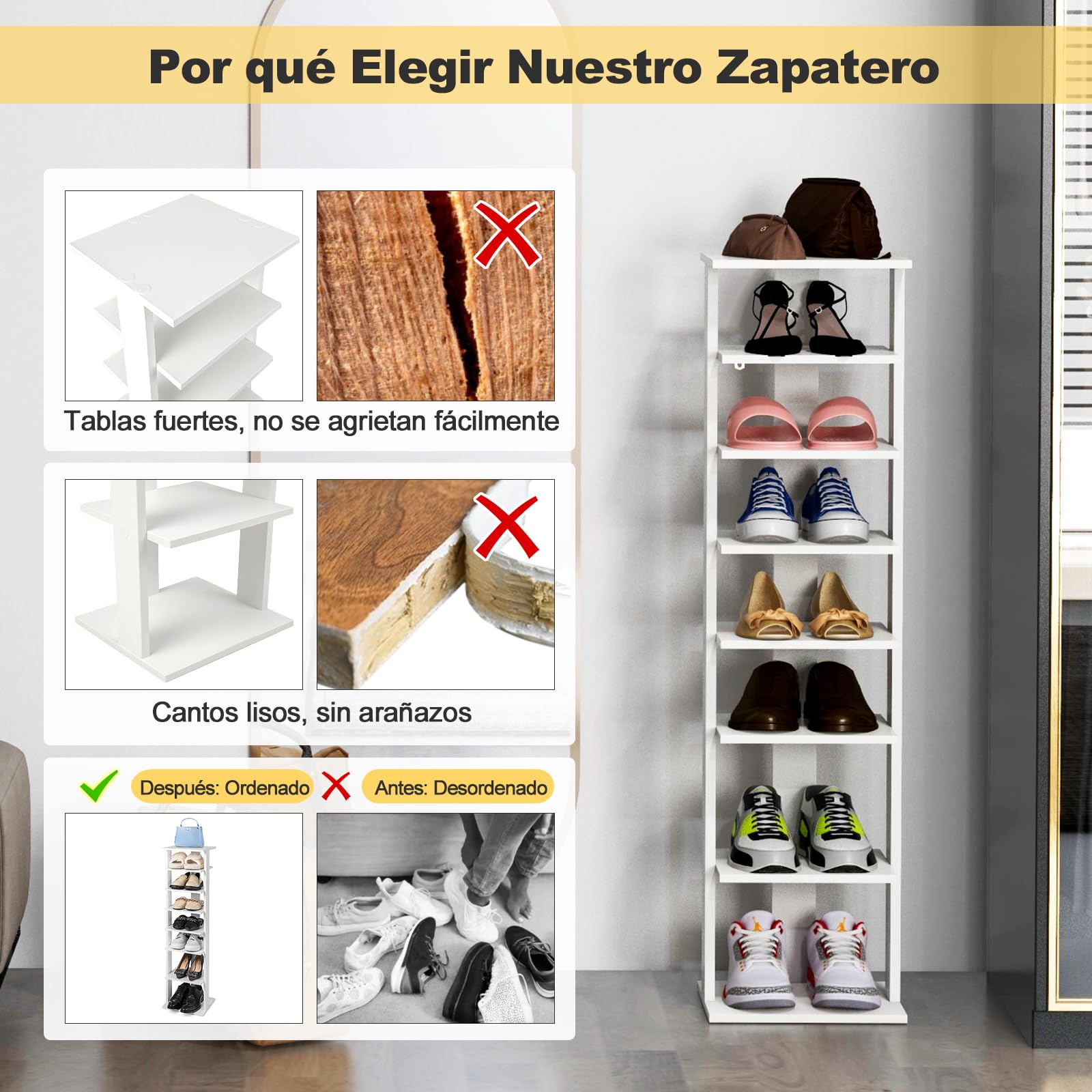 GIANTEX Zapatero Vertical de Madera 8 Niveles, Organizador de Zapatos Compacto Ahorra Espacio, Estantería para 7 Zapatos, Zapatero Estrecho para Entrada, Pasillo (Blanco, 28 x 25,5 x 110 cm)