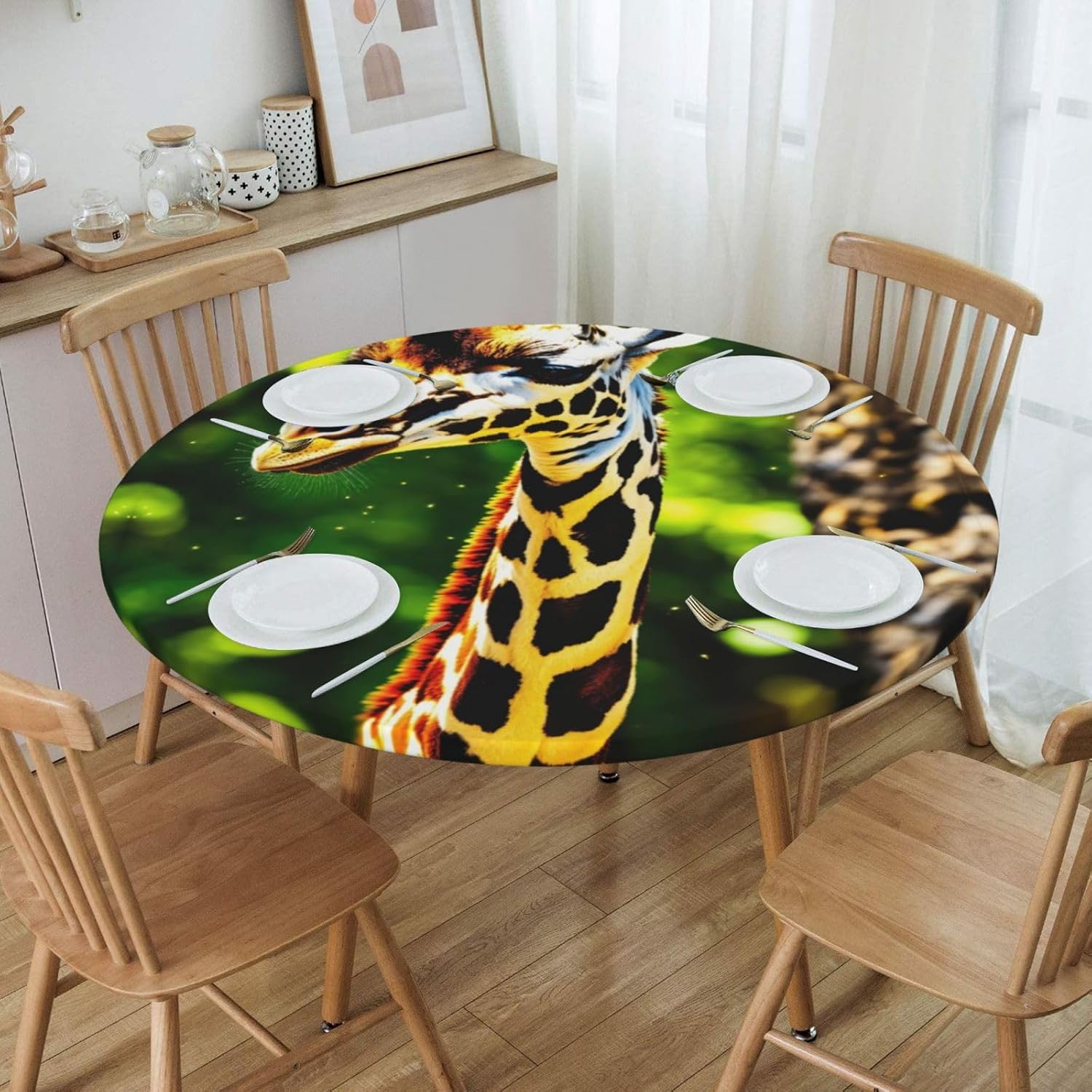 Giraffe Print Outdoor Patio Kitchen Decor Supplies Wipeable Round Table Cloth for Indoor Outdoor