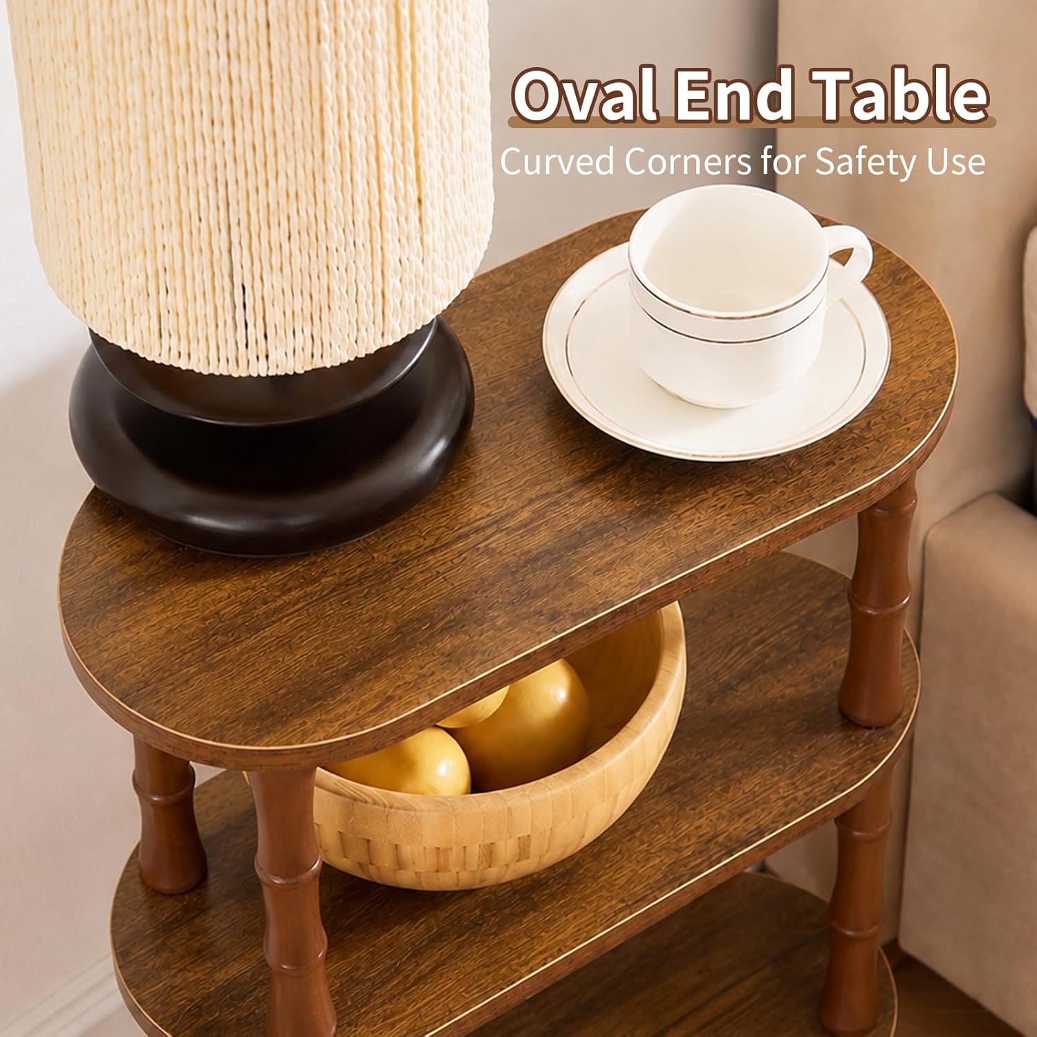 Narrow End Table, Small Side Table with 3-Tier Storage Shelf, Brown