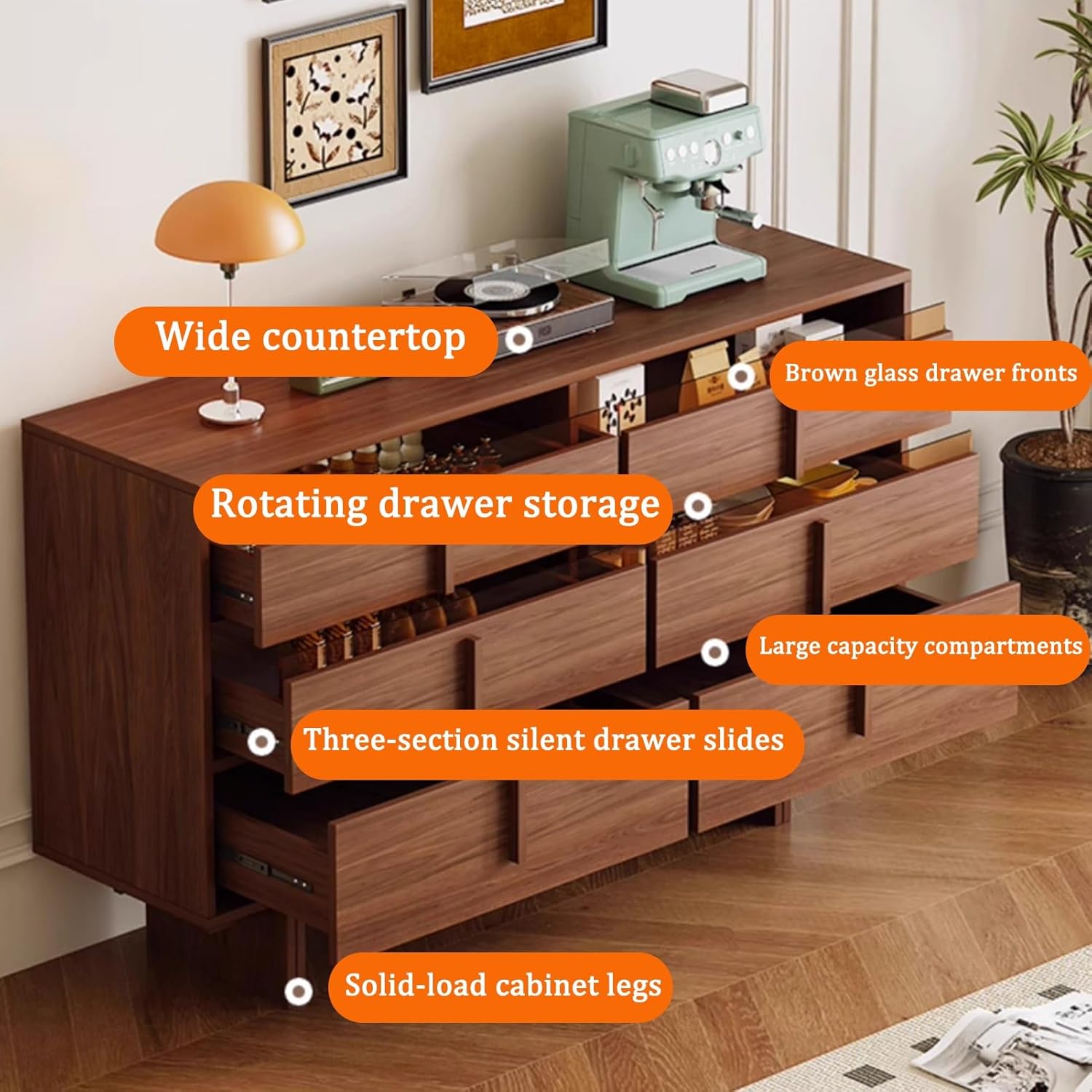 Buffet Cabinet, Sideboard Buffet Cabinet with Drawers, Rustic Coffee Bar Cabinets, Long Kitchen Sideboard Buffets Table, Wood Kitchen Buffet Storage Cabinets(Brown,31.4x15.7x35.4'')