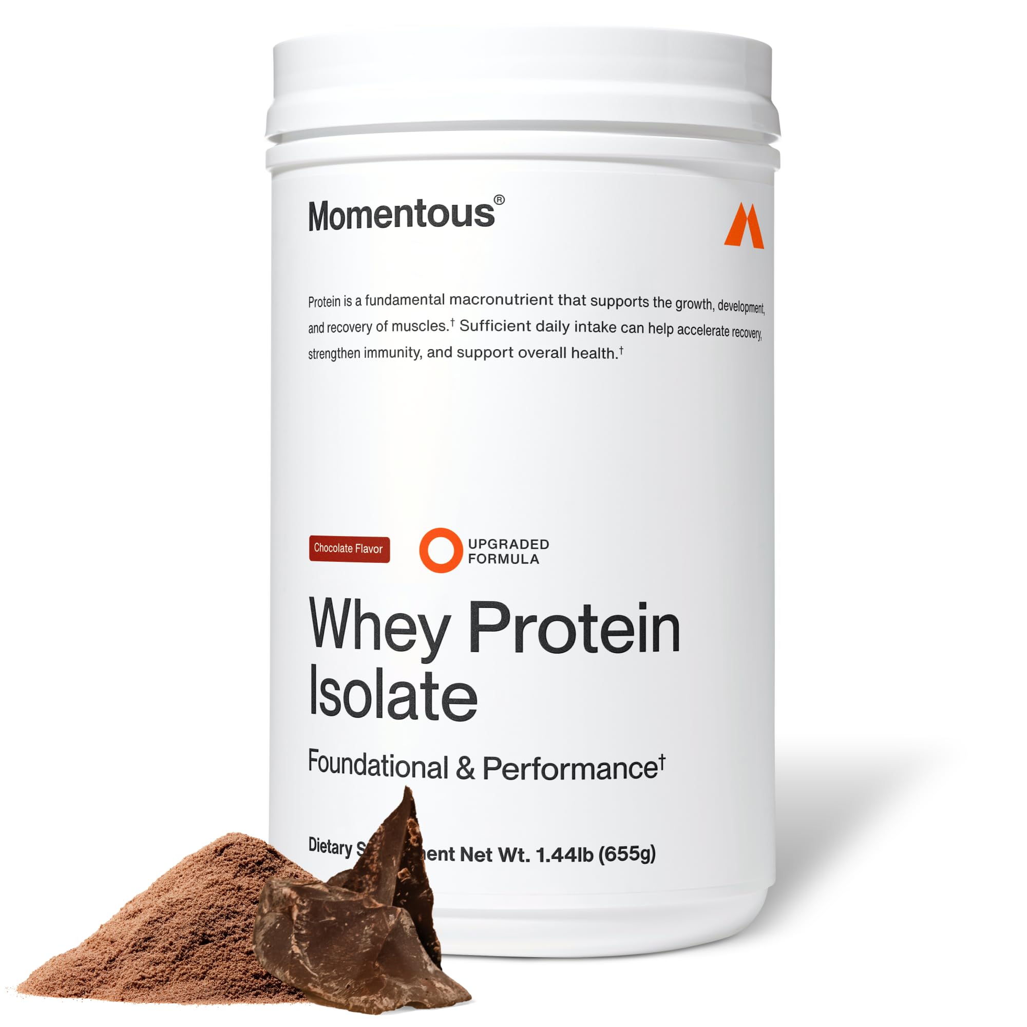 Momentous Essential Grass-Fed Whey Protein Powder – 20 g Whey Isolate Protein – NSF Certified for Sport – Gluten-Free – 25 Servings for Essential Everyday Use – Chocolate – Net WT 1.44 LB (655 g)