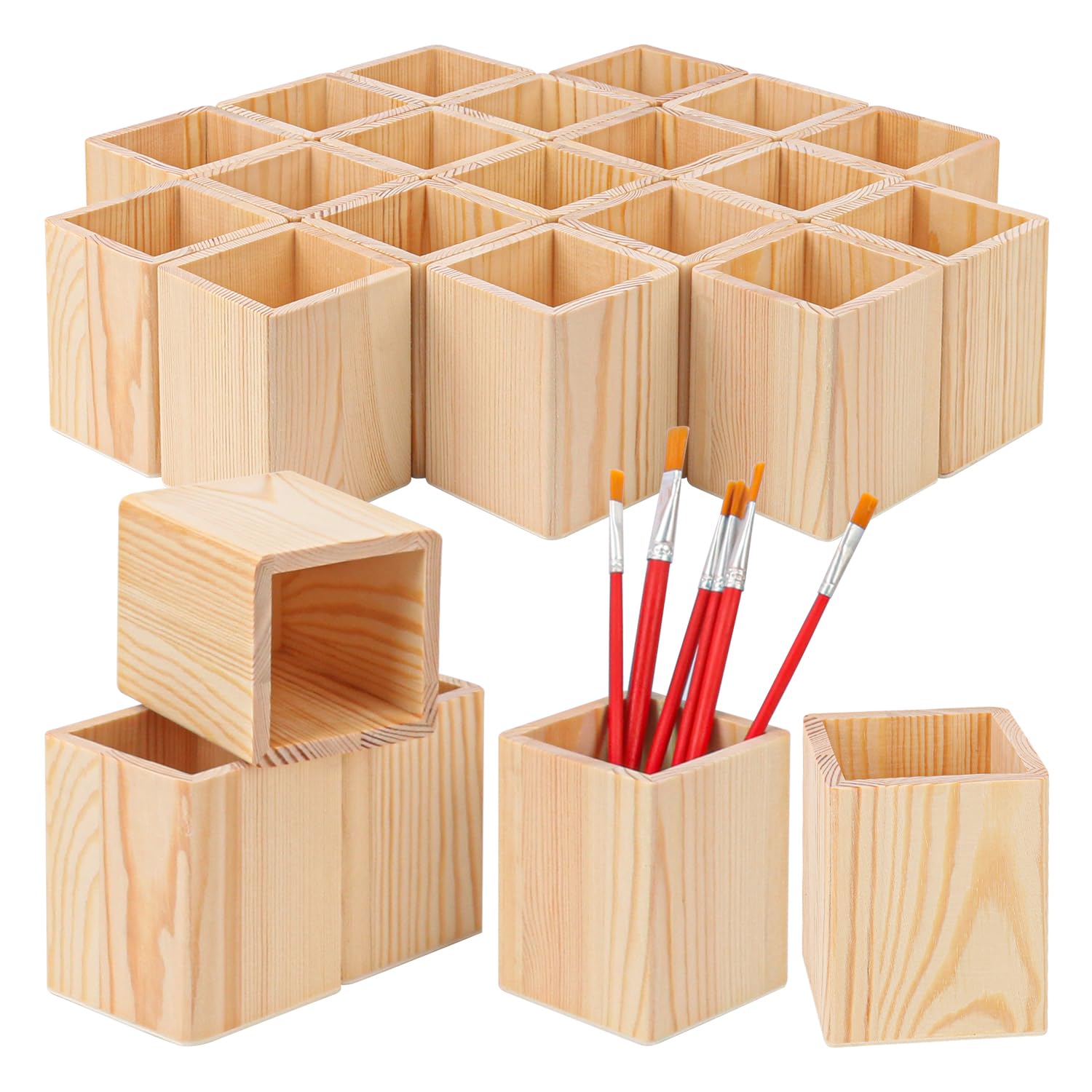 Confezione da 24 portamatite quadrati in legno non finito, 7,6 x 7,6 x 10,2 cm, portamatite in legno, per scrivania, ufficio, progetti fai da te