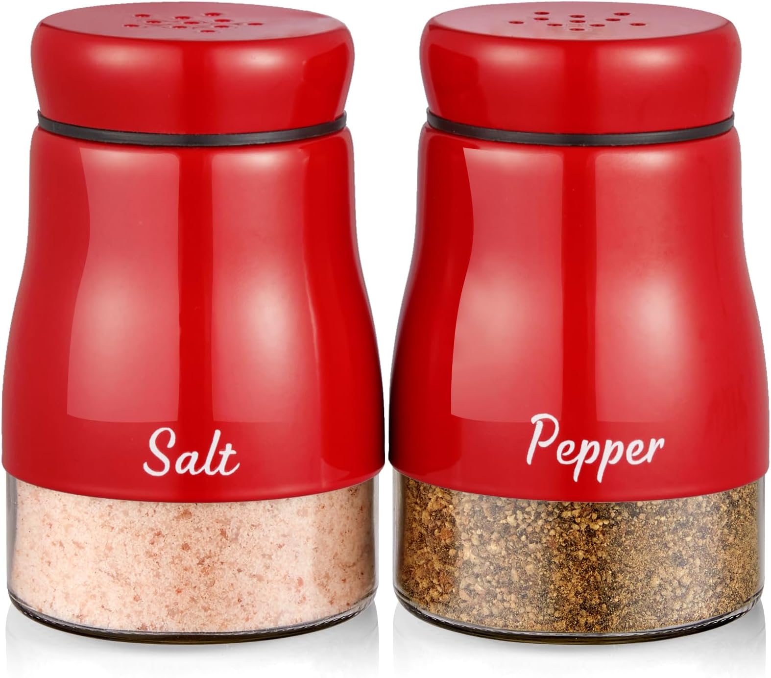 Red Salt and Pepper Shakers Set, Bivvclaz 5 oz Salt and Pepper Dispenser with Glass Bottom, Cute Salt and Pepper Shakers for Red Kitchen Decor and Accessories, Easy Filling