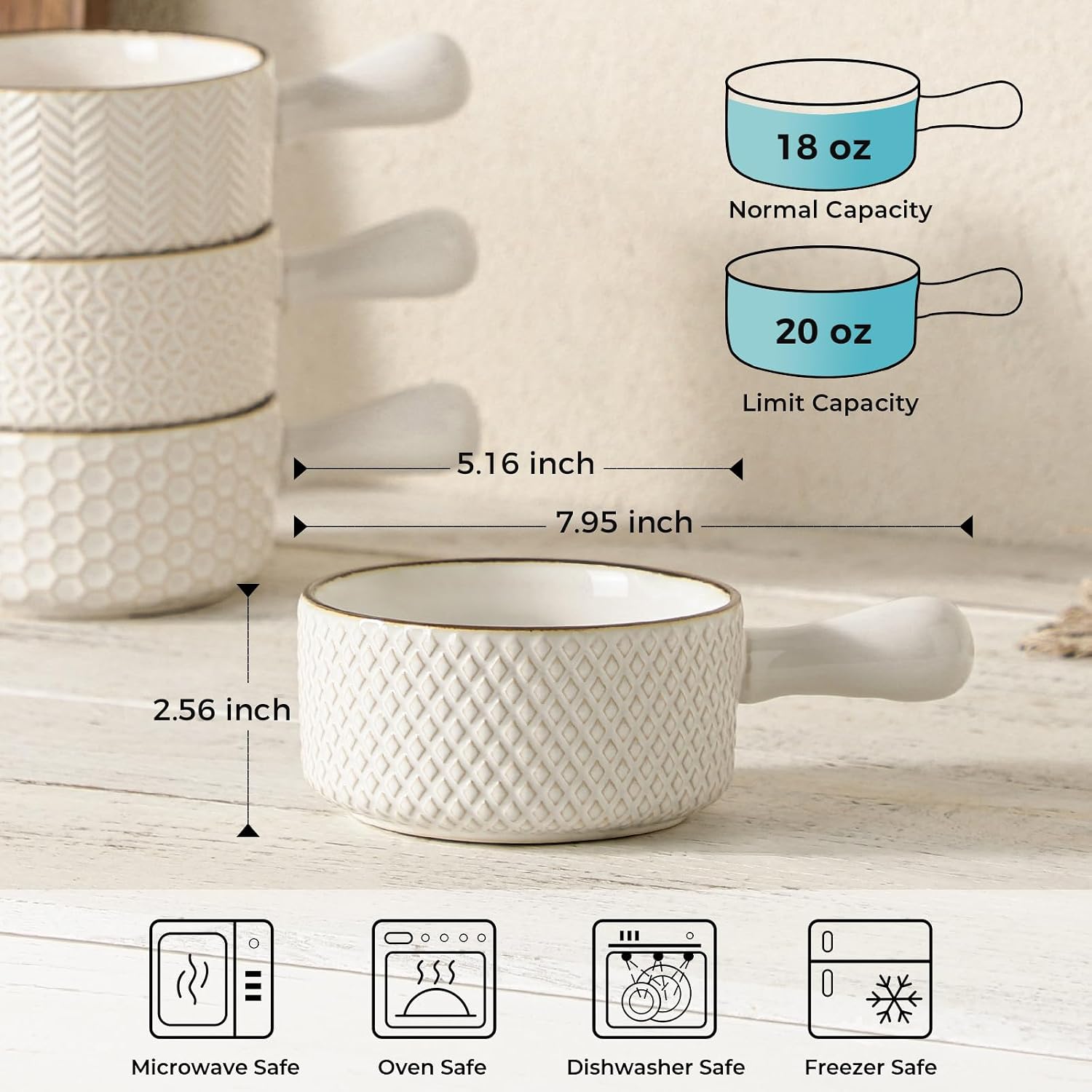 French Onion Soup Bowls with Handles, 20 Oz Ceramic, Set of 4