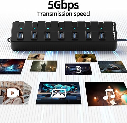 Miniatura 4 de Concentrador USB, concentrador USB 3.0 de 7 puertos, divisor USB VEMONT con interruptores y luces individuales de encendido/apagado, cable largo USB